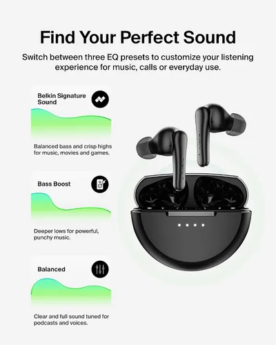 Vista 6 de Belkin SoundForm Rhythm ANC True - Auriculares inalámbricos con micrófono integrado, carga rápida USB C, duración de la batería de 28 horas