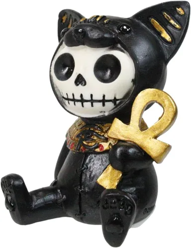 Vista 3 de Ebros - Figura pequeña de 2.75 pulgadas de alto con huesos peludos egipcios de gato felino, diosa Bastet sosteniendo Ankh, estatua de dioses
