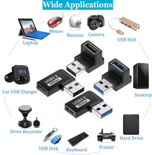 Vista 6 de Paquete de 4 adaptadores USB 3.1 macho a hembra de 10 Gbps de ángulo recto de 90 grados, conector de extensión de cable USB, 4 tipos para PC