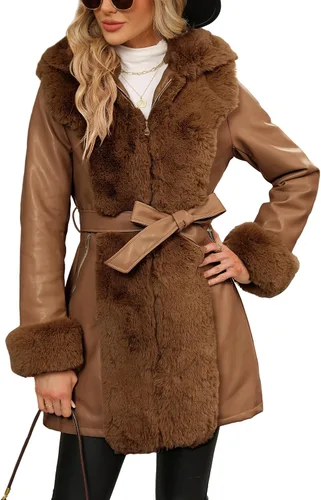 Vista 13 de Bellivera Women's Faux Leather Jacket Furry Trim Parka Coat Negro