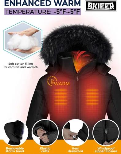 Vista 5 de Skieer Chaqueta de esquí impermeable para mujer, chaqueta acolchada gruesa con capucha, Nieve