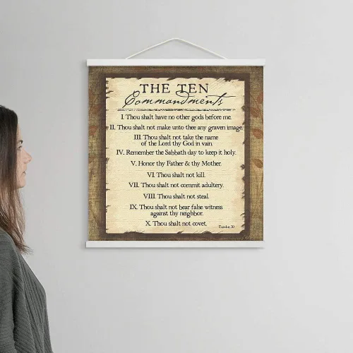 Vista 2 de Póster colgante de los Diez Mandamientos, impresión en lienzo listo para colgar, decoración de pared cristianismo, 20 x 20 pulgadas Ribete blanco