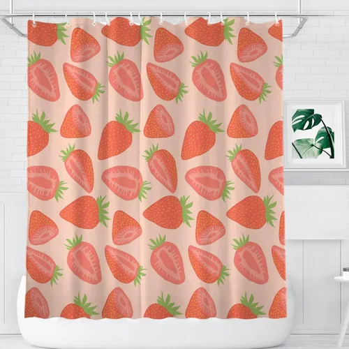 Vista 12 de KOMIKU Juego de cortina de ducha estética de frutas con diseño floral de cereza rosa, decoración de baño de frutas de verano, de poliéster, lona