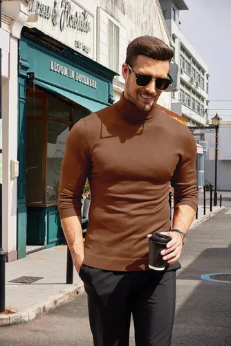 Vista 4 de COOFANDY Suéter de cuello alto ajustado para hombre, casual, básico, de manga larga, suéter de punto