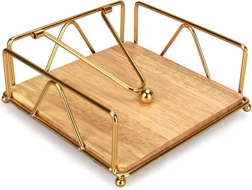 Vista 7 de Servilletero dorado moderno para mesa con brazo pesado, servilletero plano de metal cuadrado para servilletas de granja, bandeja rústica