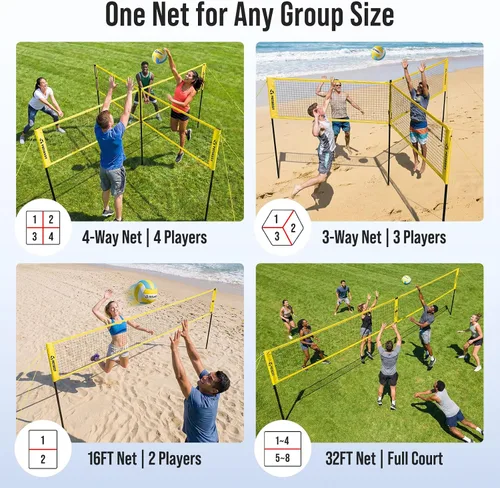 Vista 6 de 4 Square Volleyball Game Set, 4 Way Net System with 16FT & 32FT Court, Adjustable Height Backyard Badminton Combo, Portable Outdoor Kit with Ball