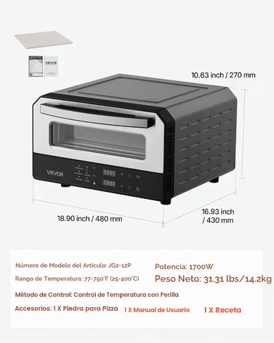 Vista 7 de Horno de pizza eléctrico VEVOR, Smart Pizzas Maker interior con 5 ajustes preestablecidos, horno de pizza de encimera de 12 pulgadas con pantalla