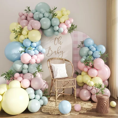 Vista 19 de Kit de arco de globos verde salvia azul pastel, 124 piezas de globos macarón amarillo blanco verde para decoraciones de cumpleaños de ganso, género