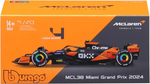 Vista 10 de Bburago 1:43 Scale 2024 Race McLaren MCL38 - Vehículo de fórmula fundida a presión con casco, Norris #4