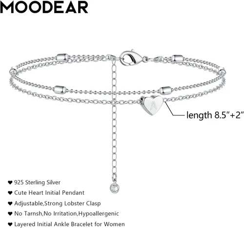 Vista 2 de Moodear Tobilleras de plata para mujer Tobilleras impermeables de plata de ley en capas delicadas con dije inicial de corazón A-Z para ella