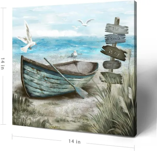 Vista 3 de Arte de pared para baño, decoración costera, barco náutico en la playa, lienzo con imagen de gaviota del océano, paisaje marino, arte de granja