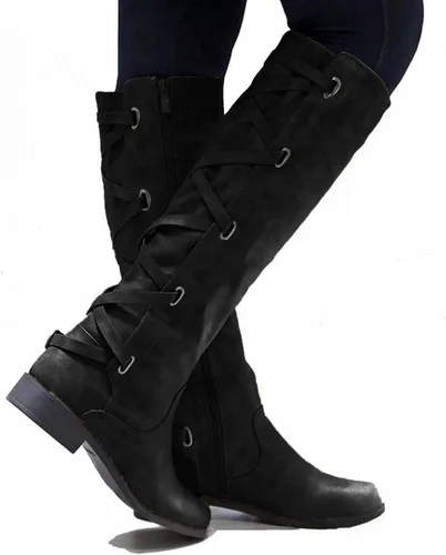Vista 3 de Masbird Botas para mujer, botas planas de cuero estilo retro y casual, punta redonda, correa de hebilla de tacón bajo, botas de invierno altas hasta