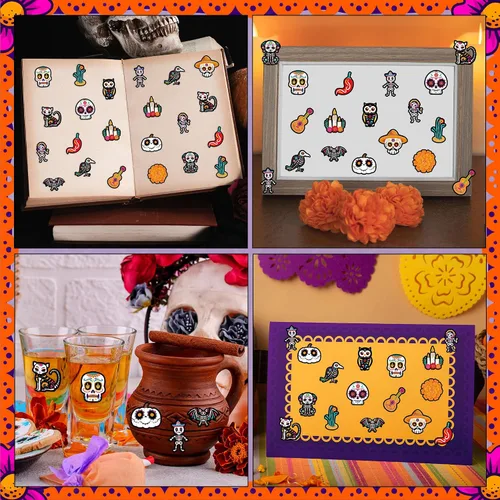 Vista 5 de BeYumi Calcomanías en rollo de calavera de azúcar, 1000 unidades, calcomanías del Día de los Muertos en 2 rollos Dia de Los Muertos Calavera