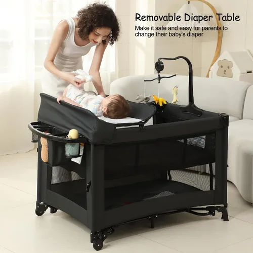 Vista 3 de Pack and Play, moisés para bebé, cama de noche, corralito de bebé con cambiador, corralito de viaje plegable para recién nacidos a niños pequeños