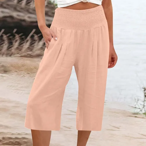 Vista 2 de JEGULV Pantalones capri de lino para mujer, casuales, de cintura alta, pierna ancha, con bolsillo, color sólido, cintura alta, pantalones de yoga