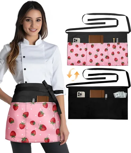 Vista 13 de Slohif Delantal Reversible de Servidor con 6 Bolsillos - Delantal de Cintura para Camarera Mujeres Delantal Corto de Media Porción Camarero