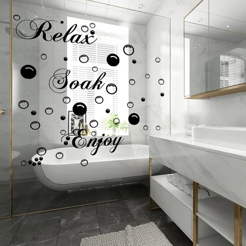 Vista 3 de Calcomanías de pared de baño, calcomanías negras con calcomanías de burbujas, hermosas palabras artísticas de pared, calcomanías para despegar