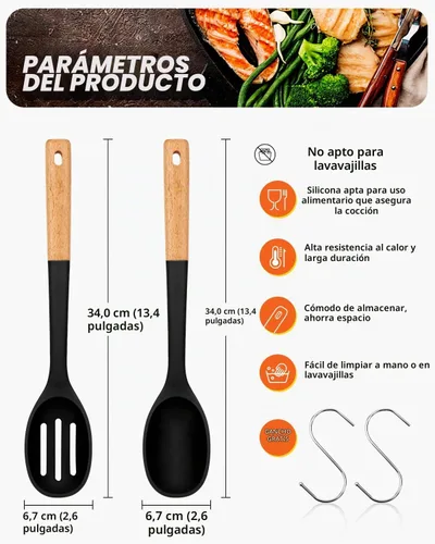 Vista 2 de Cucharas de cocina de silicona, excelentes para recoger guarniciones y servir guisos abundantes, de silicona mate libre de BPA, cuchara de servir