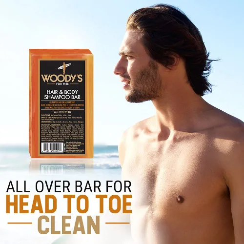 Vista 3 de Woody's Barra de champú 2 en 1 para hombre para cabello y cuerpo, fórmula rica y gruesa, acondiciona, nutre, hidrata, para todo tipo de piel, 8 onzas