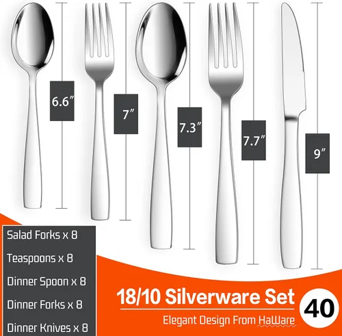 Vista 3 de HaWare Cubiertos de acero inoxidable 18/10, juego de cubiertos de 40 piezas para 8, juego de cubiertos de lujo para restaurante casero, incluye