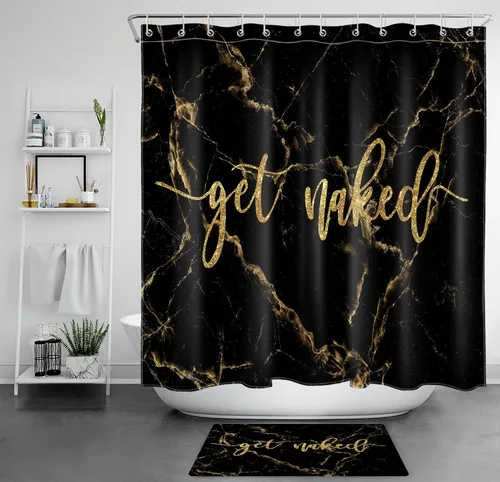 Vista 9 de Cortina de ducha de mármol negro y dorado, con citas divertidas Fuck It Get Naked de arte abstracto de mármol para baño, 60 x 72 pulgadas, tela