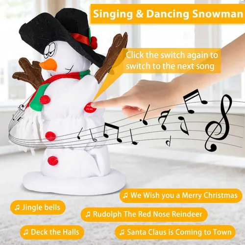 Vista 4 de Muñeco de nieve navideño bailando Papá Noel cantando y bailando, juguetes de peluche animados, 6 canciones navideñas en inglés