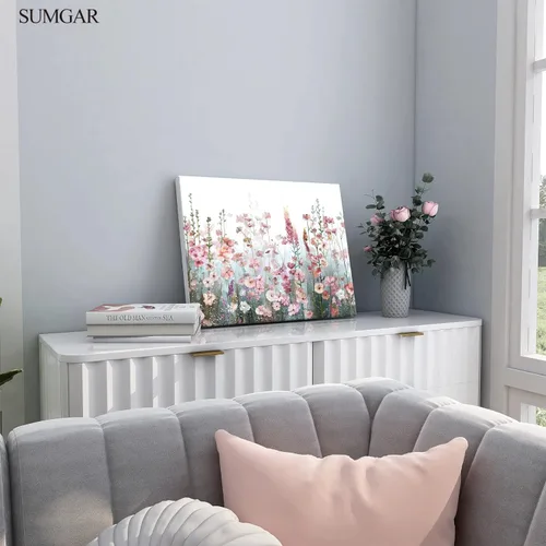 Vista 3 de SUMGAR Kit de pintura enmarcada por números para adultos flores, kit de pintura de lienzo de flores silvestres rosas con marco, pintura acrílica