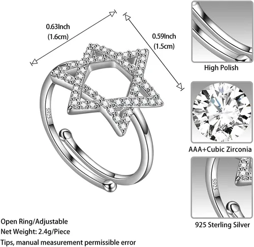 Vista 6 de Jewmon Anillo ajustable de estrella de David judía para mujer, plata de ley 925, circonita cúbica, estrella de David, anillo judío abierto, amuleto