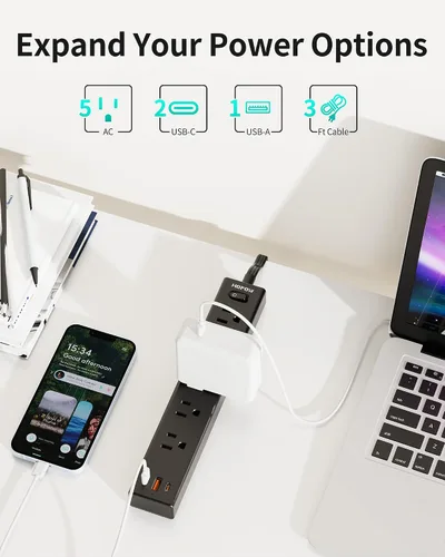 Vista 3 de HOPOW Regleta de alimentación de enchufe plano, cable de extensión ultrafino de 3 pies, protector de sobretensiones con 5 salidas y 3 puertos USB