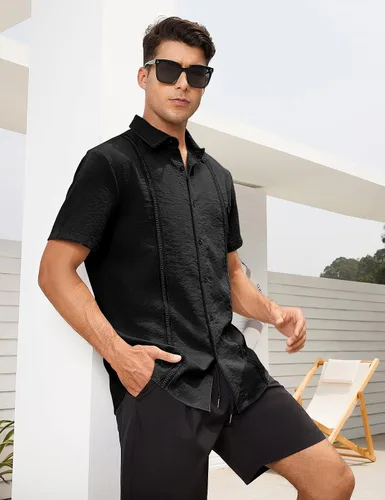Vista 4 de LecGee Camisa de vestir de manga larga para hombre, estilo hippie, barroco, para fiesta, club, con botones, para hombre