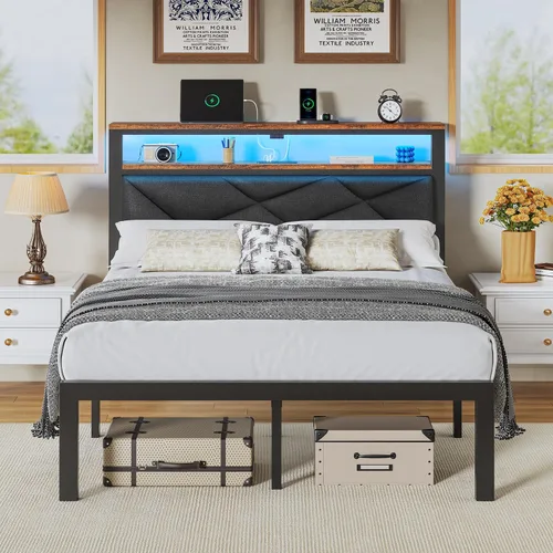 Vista 12 de ChicZhiNest Marco de cama tamaño Twin con estación de carga y luces LED, cama de plataforma de metal con cabecera de madera y estante