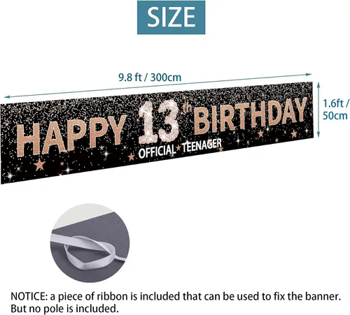 Vista 2 de Joyiou Cartel de fondo de feliz cumpleaños 13 para niña, pancarta oficial para adolescentes, suministros de letrero grande de oro rosa para fiesta