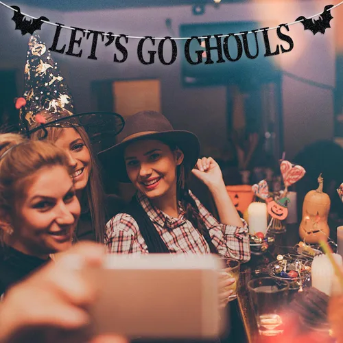 Vista 4 de Cartel Let's Go Ghoul, accesorios para fotos de fiesta de noche de Halloween, temática de fantasmas de terror, suministros de decoración de fiesta