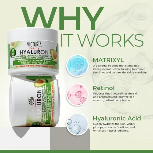 Vista 3 de Hyaluron Crema antiarrugas con aceite de aguacate - para piel madura (edad 30 +) - Crema natural intensiva para día y noche con filtros UV