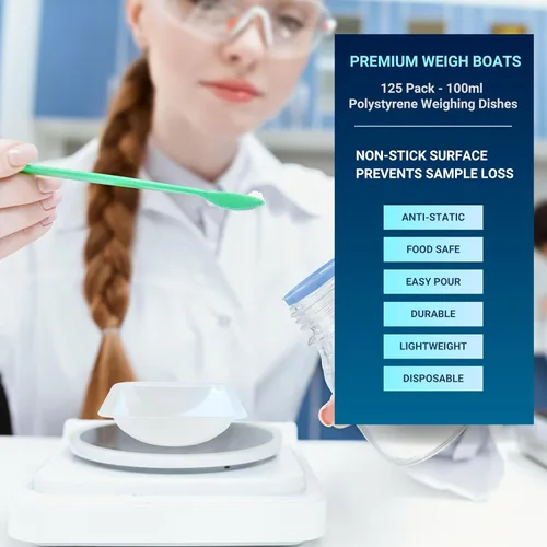 Vista 2 de Weigh Boats - Bandejas de plástico desechables medianas (3.4 fl oz, paquete de 125) para báscula, bandeja cuadrada antiestática, plato