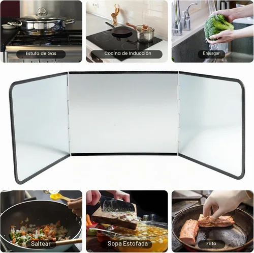 Vista 8 de Protector de salpicaduras plegable de 3 caras, pantalla de salpicaduras de grasa de acero inoxidable, protector contra salpicaduras de aceite