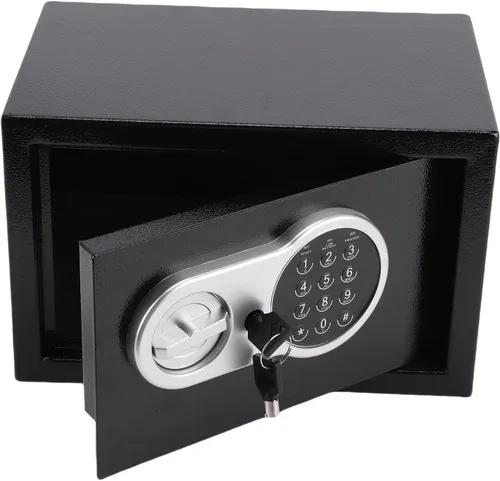 Vista 2 de Hyuduo Mini caja fuerte, caja de seguridad electrónica con contraseña digital y llaves de respaldo, caja de seguridad de acero antirrobo para viajes