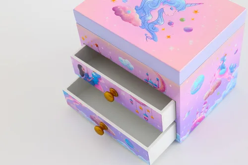 Vista 5 de Joyero musical de madera para niñas con juego de joyas a juego B-unicornio morado4