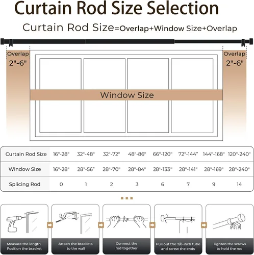 Vista 6 de Zeerobee Barras de cortina para ventanas de 16 a 24, barra de cortina negra, ajustable de 1 pulgada resistente para exteriores e interiores, poste