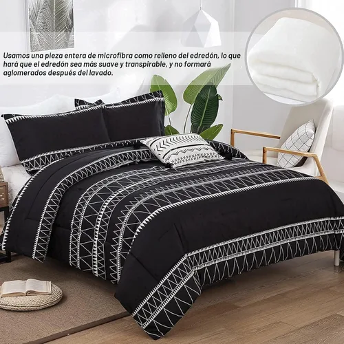 Vista 4 de WONGS BEDDING Juego de edredón negro tamaño matrimonial, edredón reversible bohemio a rayas de plumón alternativo para cama matrimonial, 3 piezas