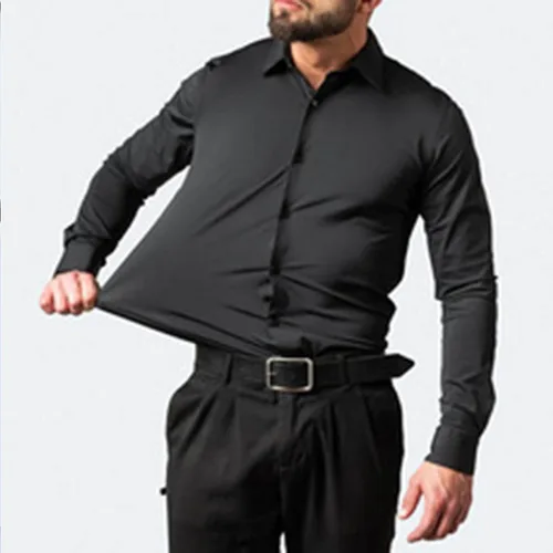 Vista 2 de Camisas grandes y altas para hombre, manga larga, cuello sólido, camisas de vestir, para fiesta de graduación, con botones, ropa al aire libre
