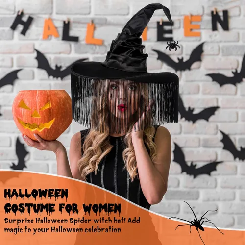 Vista 3 de JUSTOTRY Witch Hat for Women - Halloween Women Costume Black Franja negra