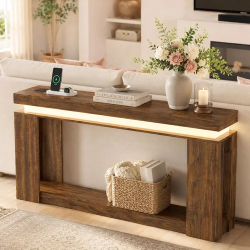 Vista 3 de Loomie - Mesa de consola larga de 63" con luces LED y toma de corriente, mesa de sofá de estilo granja de 2 niveles detrás del sofá
