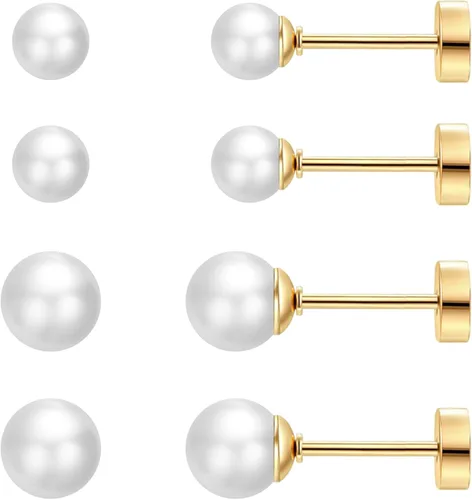 Vista 8 de SmileBelle 2 pares de aretes de perlas, aretes de titanio con parte trasera plana, rellenos de calcetín para mujer, aretes hipoalergénicos