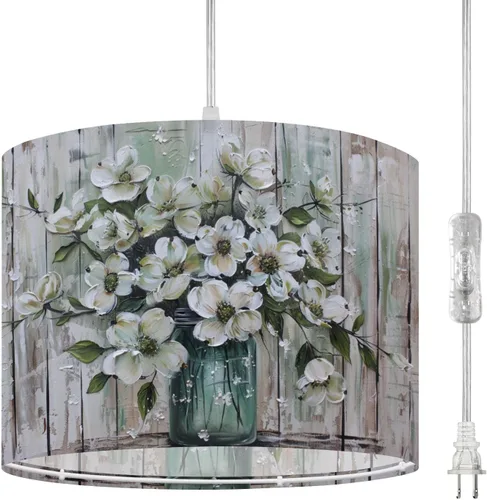 Vista 19 de Plug in Pendant Light Succulent Field Stained Glass Panel Hanging Lamp with Plug in Cord 16.4 ft Dimmable Hanging Light for Bedroom Kitchen Island