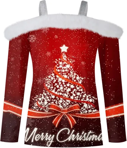 Vista 4 de Camiseta de manga larga para mujer, con divertido estampado navideño y cuello de felpa, hombros descubiertos, sexy, de manga larga, para Navidad