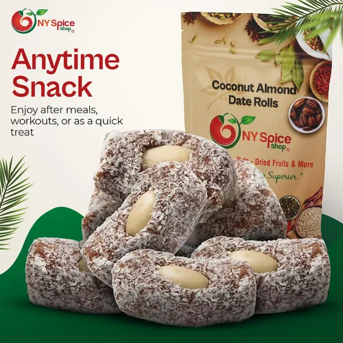 Vista 6 de NY Spice Shop Dátiles de coco seco - Rollos de dátiles de coco y almendras de 1 libra - Dátiles secos de almendras de fruta dulce - Dátiles frescos