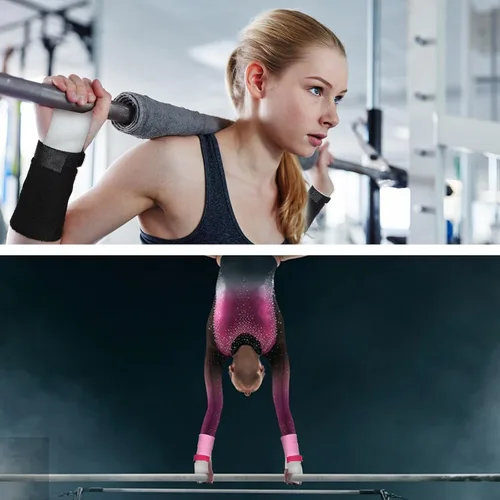 Vista 6 de Juego de 2 pares de guantes de gimnasia para bares y niñas, juegos de muñequeras de gimnasia rosa y negro con muñequeras para barra de gimnasia