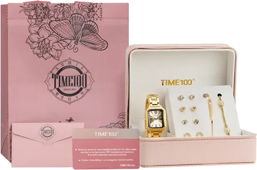 Vista 3 de TIME100 Juego de reloj rectangular para mujer con pulsera, cadena y 4 pares de aretes, caja de regalo rosa con cremallera W50893L