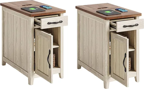 Vista 10 de LINSY HOME - Juego de mesas auxiliares de 2 piezas con estación de carga, mesa auxiliar moderna de estilo granja para sofá, mesa auxiliar de madera